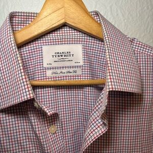 Charles Tyrwhitt Shirt Mens 16/32 in. Red Blue Plaid Non-Iron Slim Fit Button Up